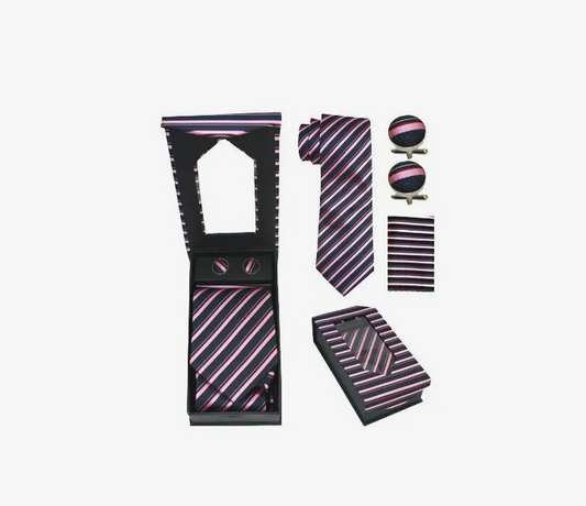 Black Pink Tie Cufflink and Hanky Set